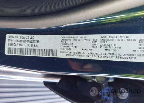 2023 Ram 1500 Limited 4X4 5'7 Box z USA, uszkodzony, nr VIN 1C6SRFHT4PN520755